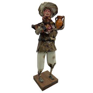 Vintage Mexican Paper Mache Folk Art Figure Of Man With Pottery On Wooden Base